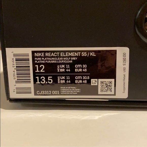 NIKE‎ REACT ELEMENT 55/KL PURE
PLATINUM/GREY SZ 12 - Picture 4 of 5